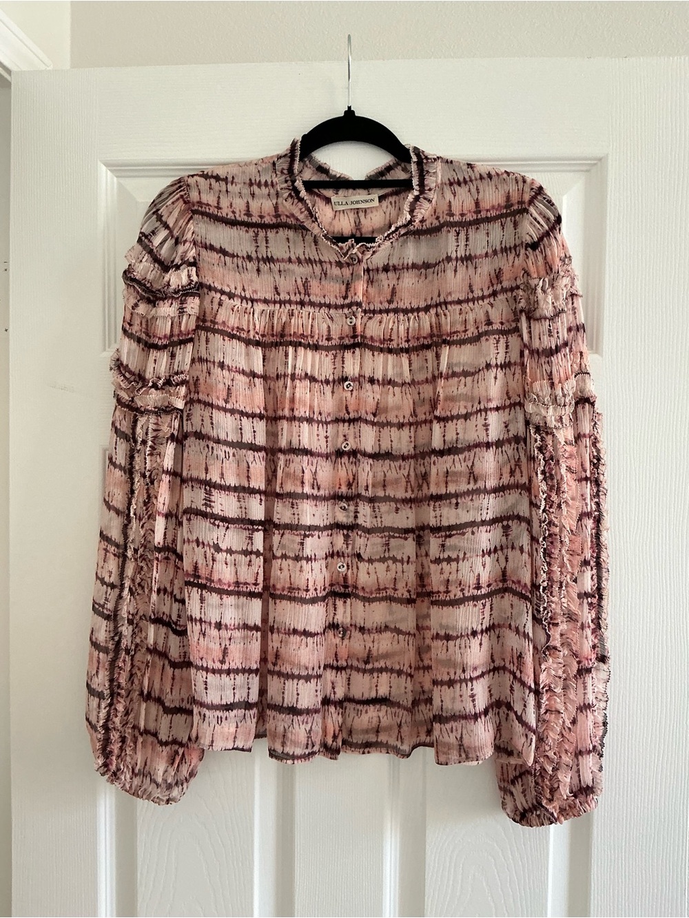 Ulla Johnson Pink and Brown Patterned Button-Front Ruffled Blouse